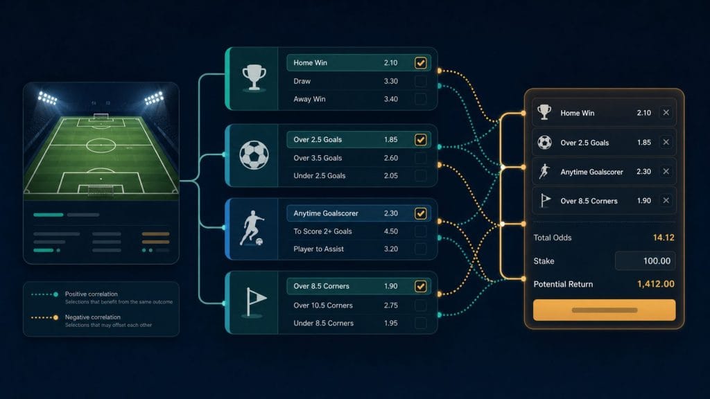 Bet Builder Là Gì? Cách Đọc Tương Quan Và Quyết Toán Cùng Trận 1 Bet Builder là gì: Sơ đồ Bet Builder kết hợp các lựa chọn có tương quan trong cùng trận
