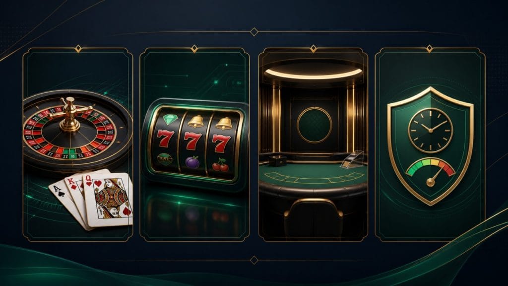 Casino Online Là Gì? Các Loại Game Và Cách Hoạt Động 1 Minh họa các nhóm casino online gồm game bàn, slot, RNG và live casino