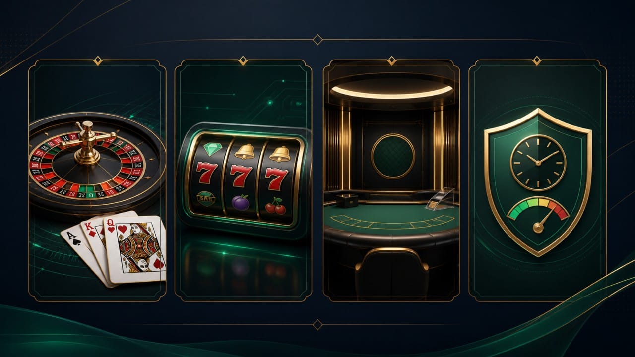 Casino Online Là Gì? Các Loại Game Và Cách Hoạt Động 2 Minh họa các nhóm casino online gồm game bàn, slot, RNG và live casino