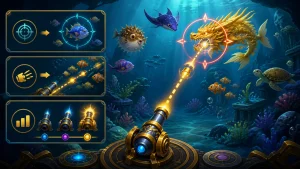 khóa mục tiêu trong bắn cá: Minh họa khóa mục tiêu, tự động bắn và các cấp đạn trong game bắn cá
