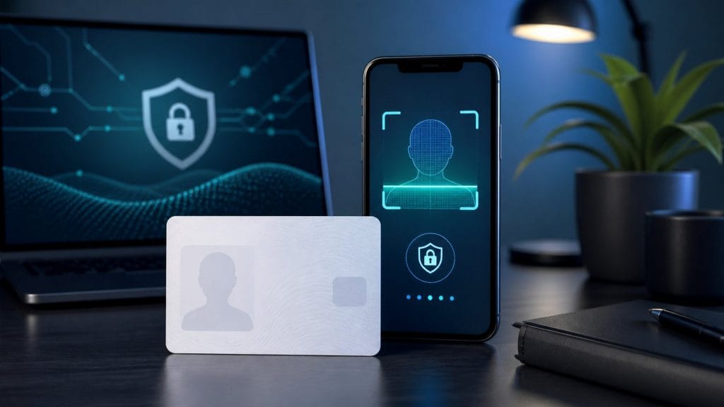 KYC nhà cái là gì: Thẻ định danh và điện thoại minh họa quy trình KYC nhà cái
