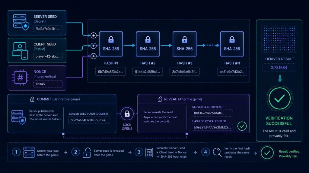 Provably Fair Là Gì? Cách Kiểm Tra Seed, Hash Và Nonce 1 Provably Fair là gì: Sơ đồ xác minh Provably Fair bằng server seed client seed hash và nonce