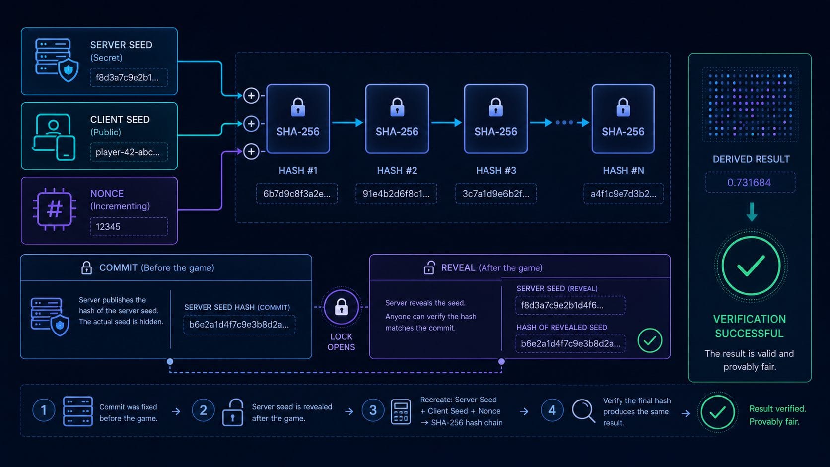 Provably Fair Là Gì? Cách Kiểm Tra Seed, Hash Và Nonce 2 Provably Fair là gì: Sơ đồ xác minh Provably Fair bằng server seed client seed hash và nonce