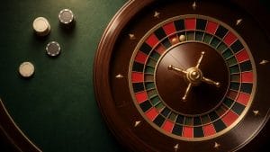 roulette là gì: Bánh xe Roulette và các chip trên bàn xanh