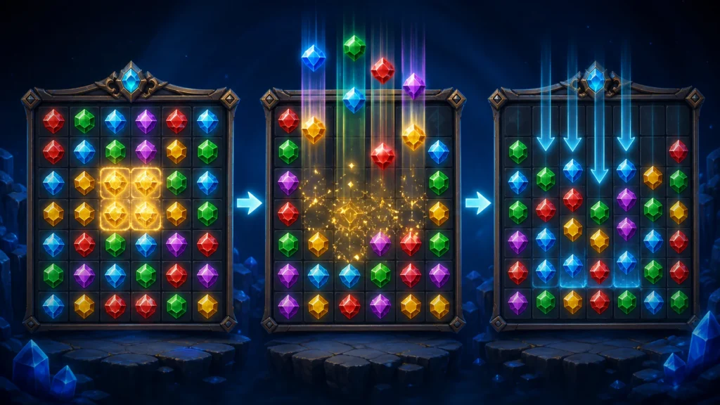 Tumble Và Cascade Trong Slot Là Gì? Cách Chuỗi Thắng Hoạt Động 1 Tumble và Cascade trong slot: Minh họa các biểu tượng slot rơi xuống theo cơ chế Tumble và Cascade