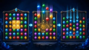 Tumble và Cascade trong slot: Minh họa các biểu tượng slot rơi xuống theo cơ chế Tumble và Cascade