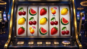 Minh họa Fruit Cocktail Slot bằng máy slot năm cuộn với các biểu tượng trái cây