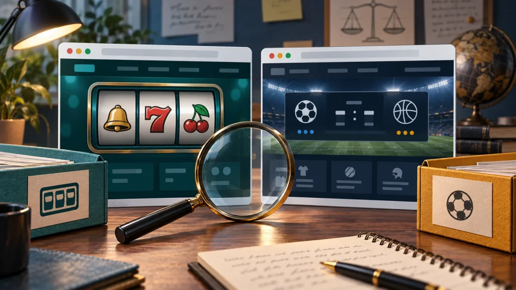 MaxbetSlots Và MaxBet: Phân Biệt Thương Hiệu Và Website 1 Hai giao diện minh họa slot và thể thao cạnh kính lúp, phân biệt các thương hiệu