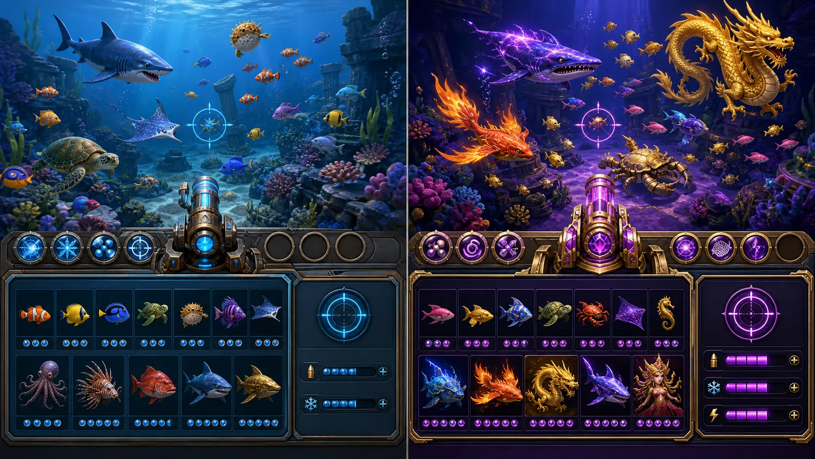 Phiên Bản Và Phòng Chơi Bắn Cá: Cùng Tên Game Có Thể Khác Gì? 2 phiên bản game bắn cá: Minh họa hai phiên bản và phòng chơi khác nhau của game bắn cá