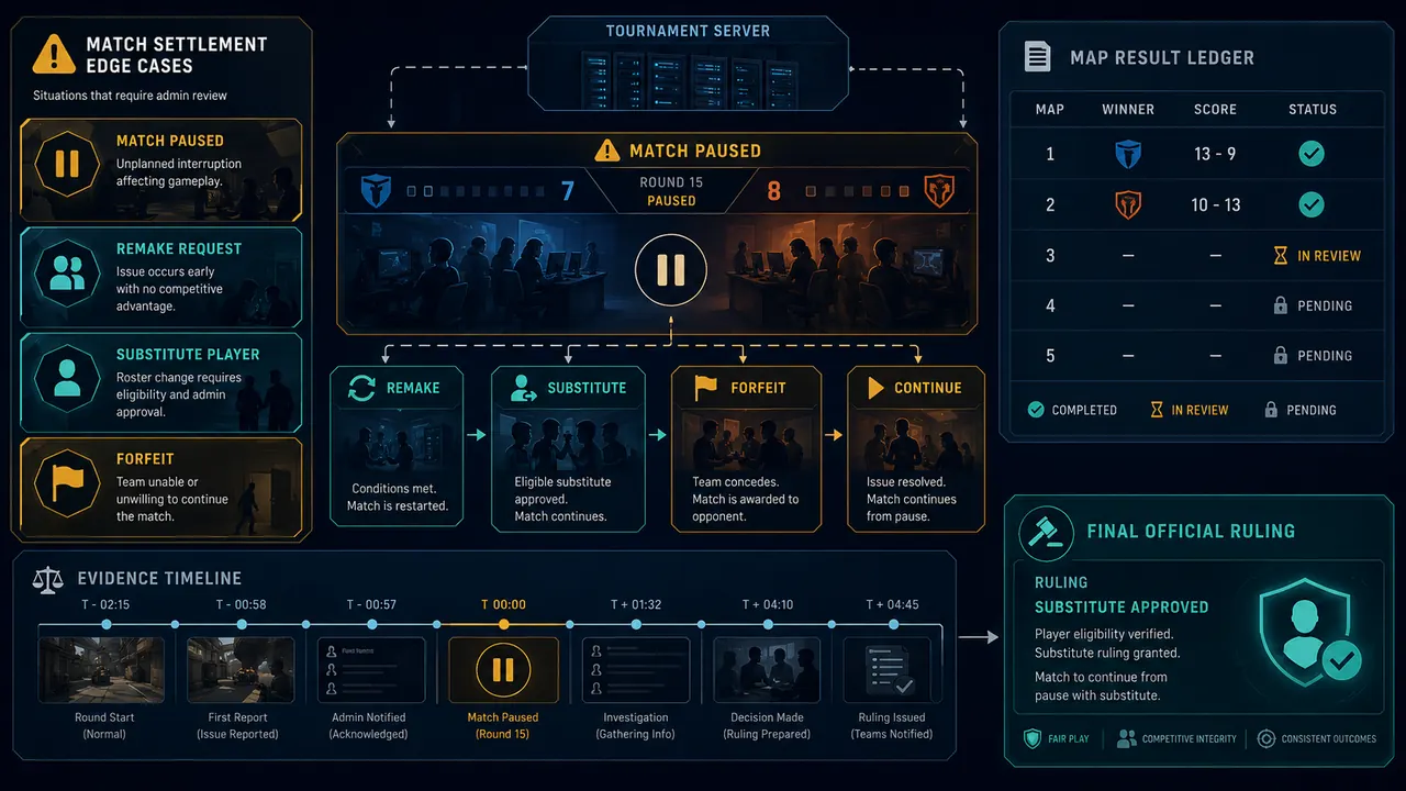 kèo esports bị hoãn: Quy trình xác minh kết quả esports khi trận bị pause remake hoặc xử thua