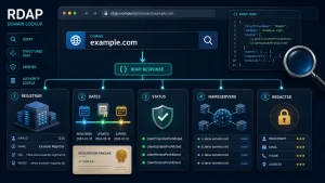 cách đọc kết quả RDAP: Kết quả RDAP gồm registrar, ngày đăng ký, trạng thái, nameserver và dữ liệu bị ẩn