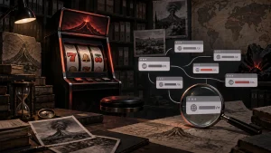 Minh họa nghiên cứu Vulkan Casino với máy slot và các thẻ tên miền